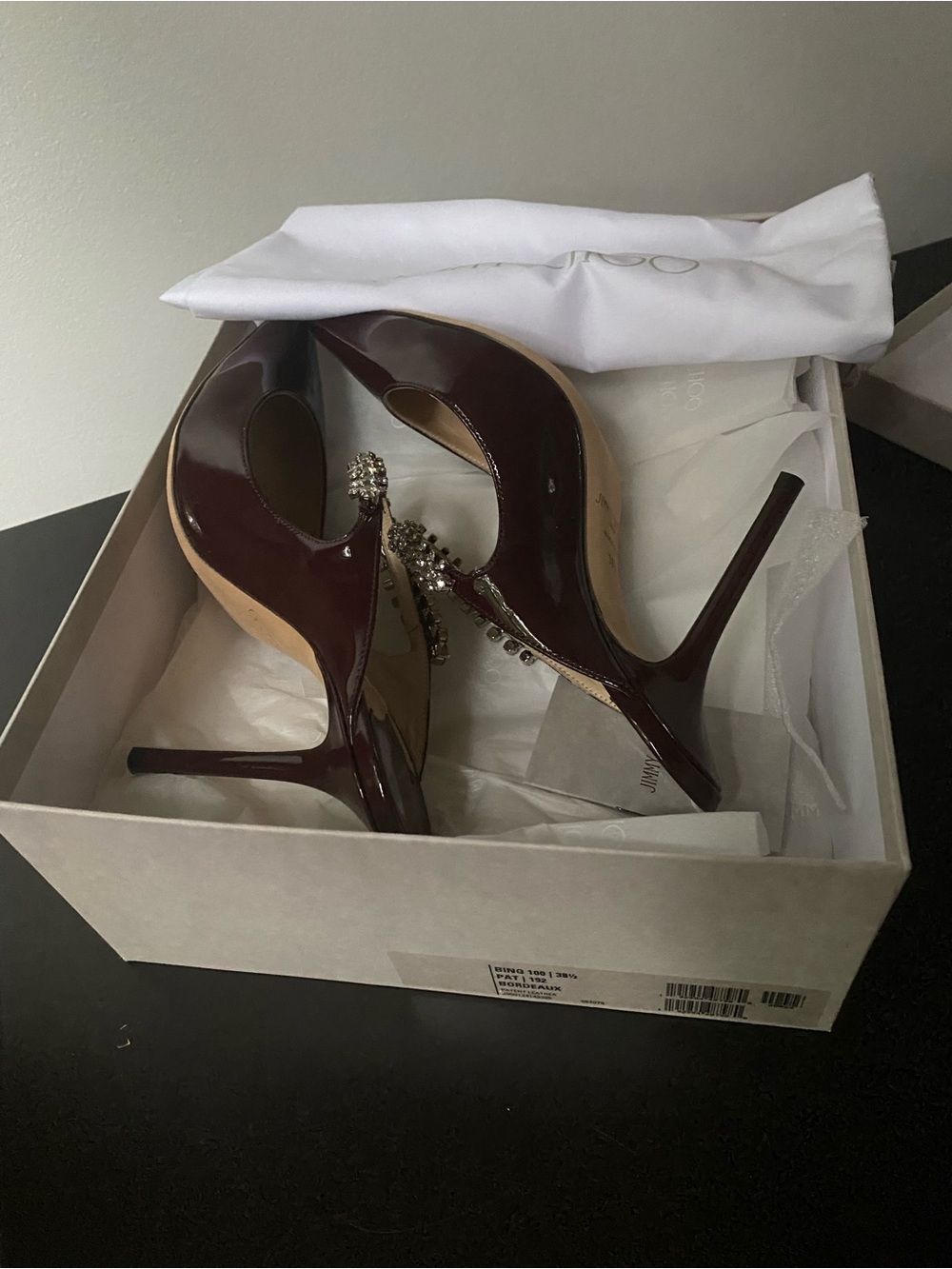 Jimmy Choo Bordeaux (Burgundy) Patent Crystal-Embellished Bing Heels - Picture 9 of 10